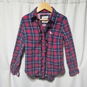 Abercrombie Kids Girls Plaid Ruffle Button Down Shirt Size S Long Sleeve preppy